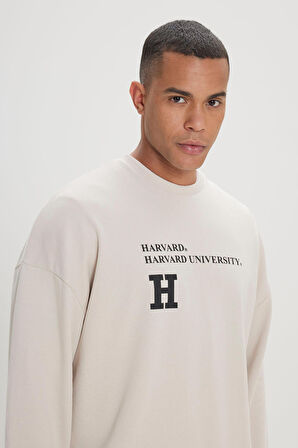 Oversize Fit Bol Kesim Harvard Lisanslı Pamuklu Bisiklet Yaka Sweatshirt