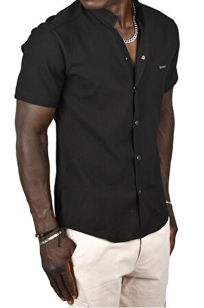 DeepSEA Erkek Siyah Gofre Kumaş Hakim Yaka Slim Fit Likralı Çıtçıtlı Kısa Kollu Gömlek 2403018