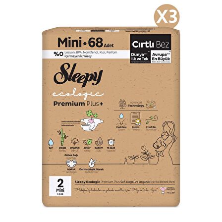 Sleepy Ecologic Premium Plus Avantajlı Paket Bebek Bezi 2 Numara Mini 204 Adet