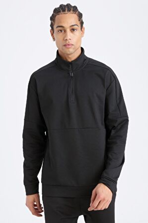 DeFactoFit Standart Fit Dik Yaka Fermuarlı Skuba Dalgıç Kumaş Sporcu Sweatshirt D7305AX25SPBK81