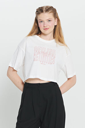 Oversize Fit Bol Kesim %100 Pamuk Bisiklet Yaka Baskılı Crop Tişört
