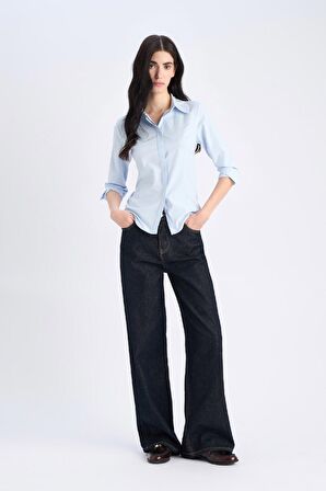 Fitted Basic Düz Bengalin Uzun Kollu Gömlek