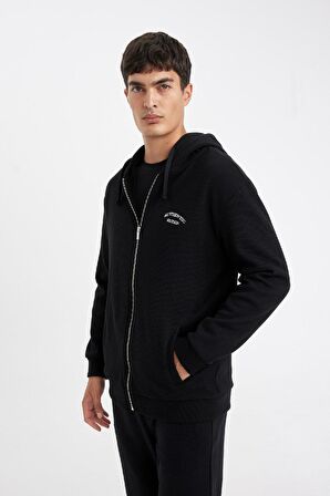 DeFacto Siyah Relax Fit Kapüşonlu Waffle Baskılı Cepli Fermuarlı Sweatshirt D2629AX24AUBK81