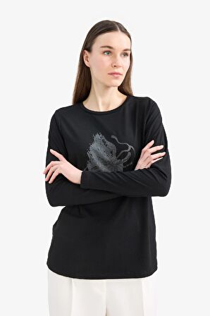 DeFacto Regular Fit Bisiklet Yaka Sim Baskılı Uzun Kollu Tişört E7123AX25SMBK81