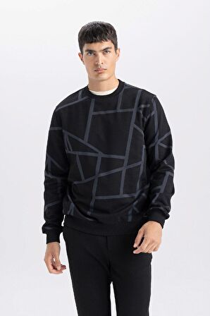 DeFacto Modern Fit Bisiklet Yaka Desenli Sweatshirt A7824AX24AUBK81