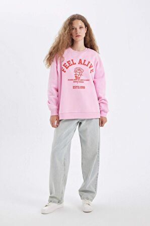 DeFacto Oversize Geniş Kalıp Bisiklet Yaka Baskılı Kalın Sweatshirt D4940AX24AUPN205