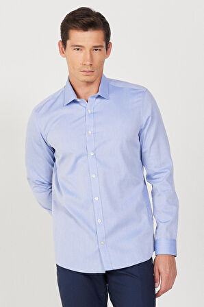 Erkek Mavi Ütüleme Gerektirmeyen Non-ıron Taılored Slim Fit Dar Kesim %100 Pamuk Desenli Gömlek