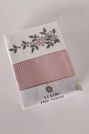 Sevim Çift Kişilik 4 Parça Pike Takımı Çeyizlik, Nakışlı Pike Seti, Legacy-Pudra