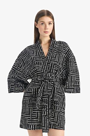 DeFacto Regular Fit Desenli Kuşaklı Pamuklu Kimono-Fall in Love D0453AX25SPBK27