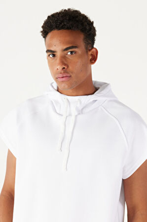 Erkek Beyaz Long Fit Kapüşonlu Kolsuz Sweatshirt
