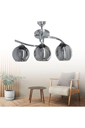 Fuji Krom 3'lü Füme Camlı Avize | Kaliteli Modern Metal Avize