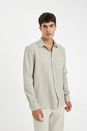 DeFacto Gri Regular Fit Waffle Polo Yaka Basic Düz Pamuklu Uzun Kollu Gömlek D1058AX24AUGR322