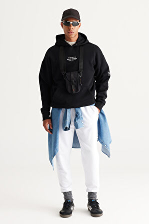Erkek Siyah Oversize Fit Bol Kesim Kapüşonlu Içi Polarlı 3 Iplik Pamuklu Sweatshirt