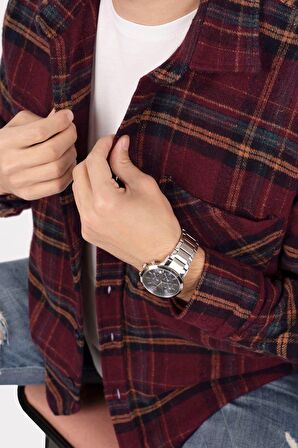 Bordo Sarı Çizgili Oversize Kalın Oduncu Gömlek