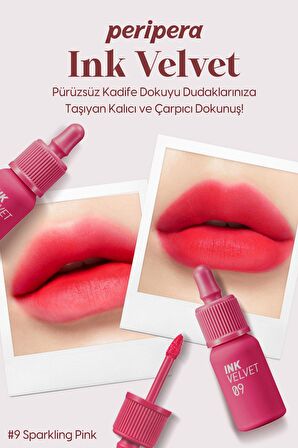 Yüksek Pigmentli, Kadife Görünümlü, Gün Boyu Kalıcı Tint Peripera Ink Velvet (9 Sparkling Pink)