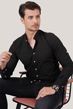 Hakim Yaka Siyah Slimfit Keten Gömlek
