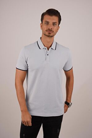 Gri Lacivert Yaka Çizgili Polo Tişört