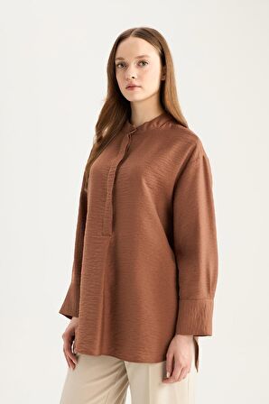DeFacto Relax Fit Hakim Yaka Basic Düz Uzun Kollu Tesettür Gömlek Tunik E1757AX25SPBN519