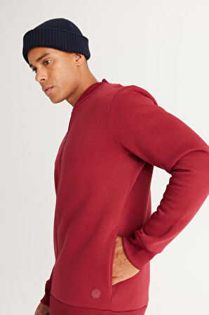 Erkek Bordo Standart Fit Normal Kesim Içi Polarlı 3 Iplik Kolej Yaka Pamuklu Sweatshirt Ceket