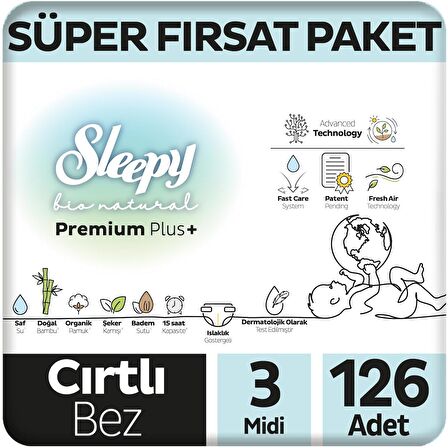 Sleepy Bio Natural Premium Plus Süper Fırsat Paketi Bebek Bezi 3 Numara Midi 126 Adet