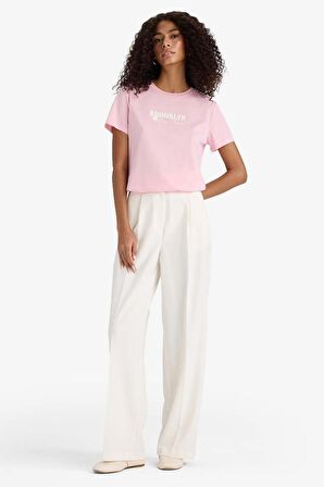 Regular Fit Bisiklet Yaka Slogan Baskılı Penye Kısa Kollu Tişört