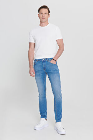 Erkek Açık Mavi Ekstra Slim Fit Dar Kesim Rıss Pamuklu Esnek Denim Jean Kot Pantolon