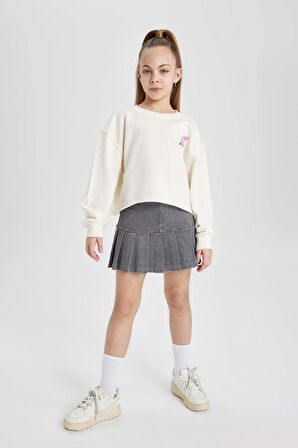 DeFacto Kız Çocuk Crop Sırt Baskılı Bisiklet Yaka Sweatshirt C1037A824SPER99