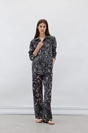 Wide Leg Desenli Kumaş Pantolon Yüksek Bel Geniş Paça