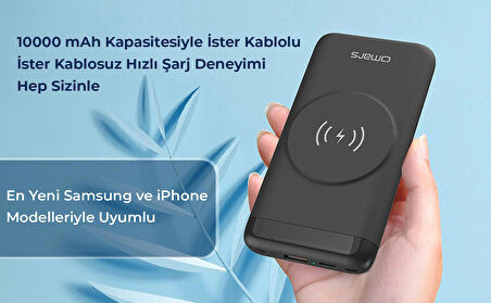 Omars 20W 10000mAh Kablosuz Şarj Powerbank LED Göstergeli USB Type-C ve Magsafe Uyumlu
