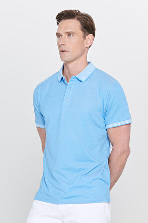 Erkek Çekmeyen Pamuklu Kumaş Slim Fit Dar Kesim Saks-Beyaz Kıvrılmaz Polo Yaka Tişört