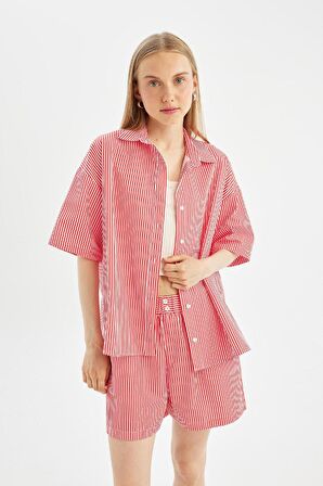 DeFacto Coool Oversize Çizgili Poplin Kısa Kollu Gömlek D3835AX24HSRD93