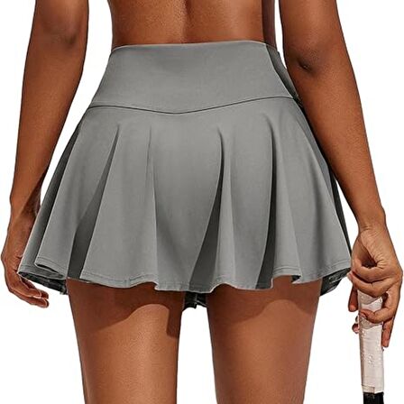 Gri Yüksek Bel Tenis Etek - DARKALIP Şort Etek - Cepli Mini Spor Etek- İçi Taytlı Çift Katman