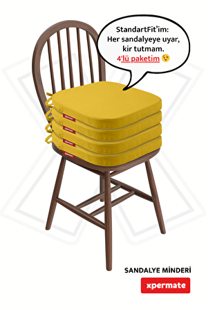 XPERMATE 4'lü StandartFit Oval Sandalye Minderi Fermuarlı Yıkanabilir Kılıf Bağcıklı Su ve Yağ İtici 42x42x5 Sarı