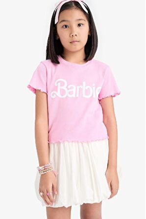 Kız Çocuk Barbie Fitted Bisiklet Yaka Ribana Kısa Kollu Tişört