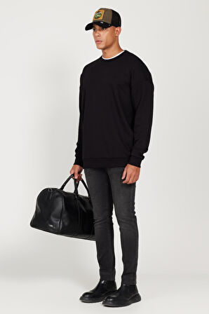 Erkek Siyah Oversize Bol Kesim 3 Iplik Bisiklet Yaka Pamuklu Sweatshirt