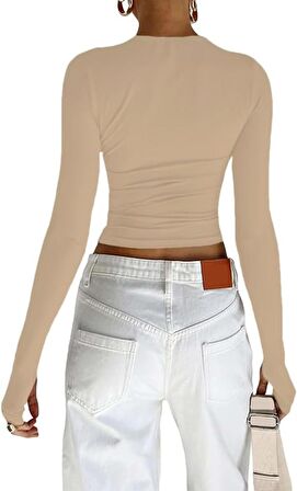 Bej Bisiklet Yaka Bluz Darkalıp Ribana Kumaş Parmak Detaylı Basic Body