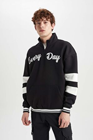 DeFacto Oversize Fit Dik Yaka Fermuarlı Baskılı Sweatshirt B1650AX23AUBK81