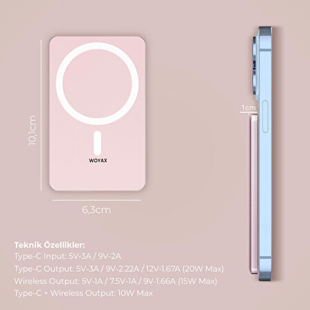 Woyax By Deji Magsafe Powerbank 5000 Mah 20w Hızlı Taşınabilir Batarya iPhone 12 13 14 15 16 Pro Max Mini - Pembe