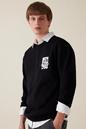 DeFacto Boxy Fit Bisiklet Yaka Baskılı Sweatshirt C7048AX24AUBK81