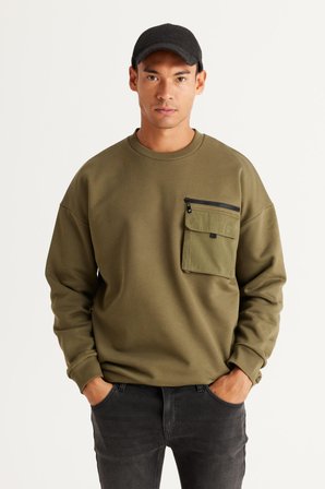 Erkek Haki Oversize Bol Kesim Içi Polarlı Iplik Bisiklet Yaka %100 Pamuk Sweatshirt