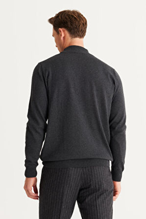 Erkek Füme Standart Fit Normal Kesim Yarım Balıkçı Yaka Pamuklu Triko Kazak