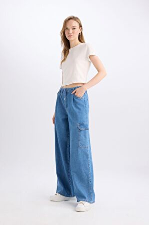 DeFacto Wide Leg Kargo Yüksek Bel Uzun Yumuşak Jean Pantolon C1244AX24SMNM28