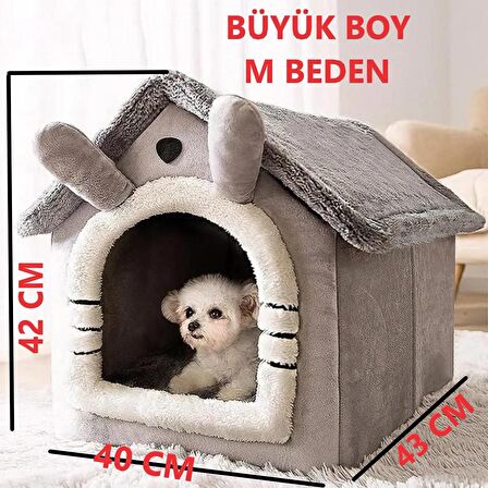 Klasik Model Kedi Evi Yumuşak Kedi Yatağı Derin Uyku Ve Kış Evi Çıkarılabilir Minder GRİ M BEDEN