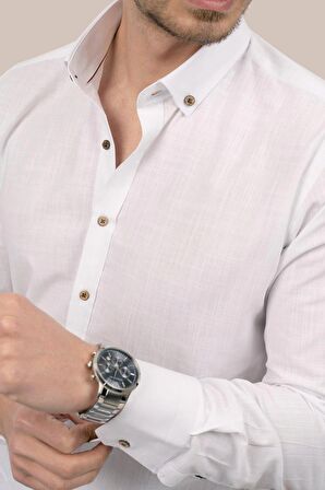 Beyaz Kahve Düğmeli Keten Slimfit   Gömlek