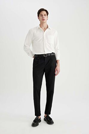 DeFacto Twill Yazlık Kumaş Pantolon Tapered Fit Normal Kesim Cepli Basic Düz Keten Karışımlı Duble Paça B6585AX24SPBK27
