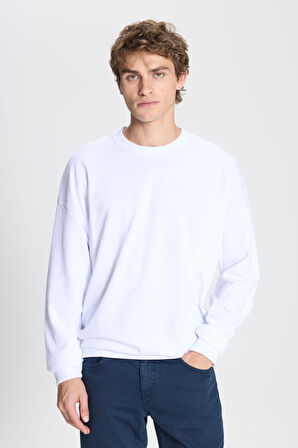 Erkek Beyaz Oversize Bol Kesim 3 Iplik Bisiklet Yaka Pamuklu Sweatshirt