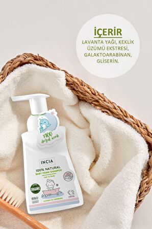 INCIA %100 Doğal Organik Sertifikalı Bebek Köpük Şampuanı Saç Vücut Lavanta Konak Önleyici Yenidoğan 200 ml X2 Adet