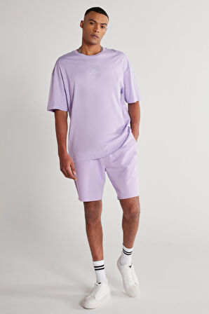 Unisex Lila Standart Fit Normal Kesim Pamuklu Cepli Esnek Örme Şort