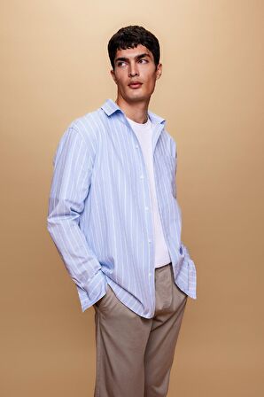 DeFacto Relax Fit Çizgili Poplin Uzun Kollu Gömlek A9440AX23AUBE723