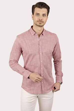 Açık Vişne Düğmeli Keten Slimfit   Gömlek